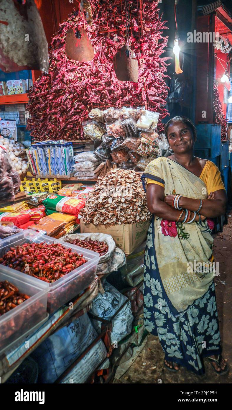 Margao, South Goa, India. 22nd Aug, 2023. Chillies and spices for sale in the Narrow passage ways selling anything imaginable in the busy and colourful market at the city of Margao, South India.Paul Quezada-Neiman/Alamy Live News Credit: Paul Quezada-Neiman/Alamy Live News Stock Photo