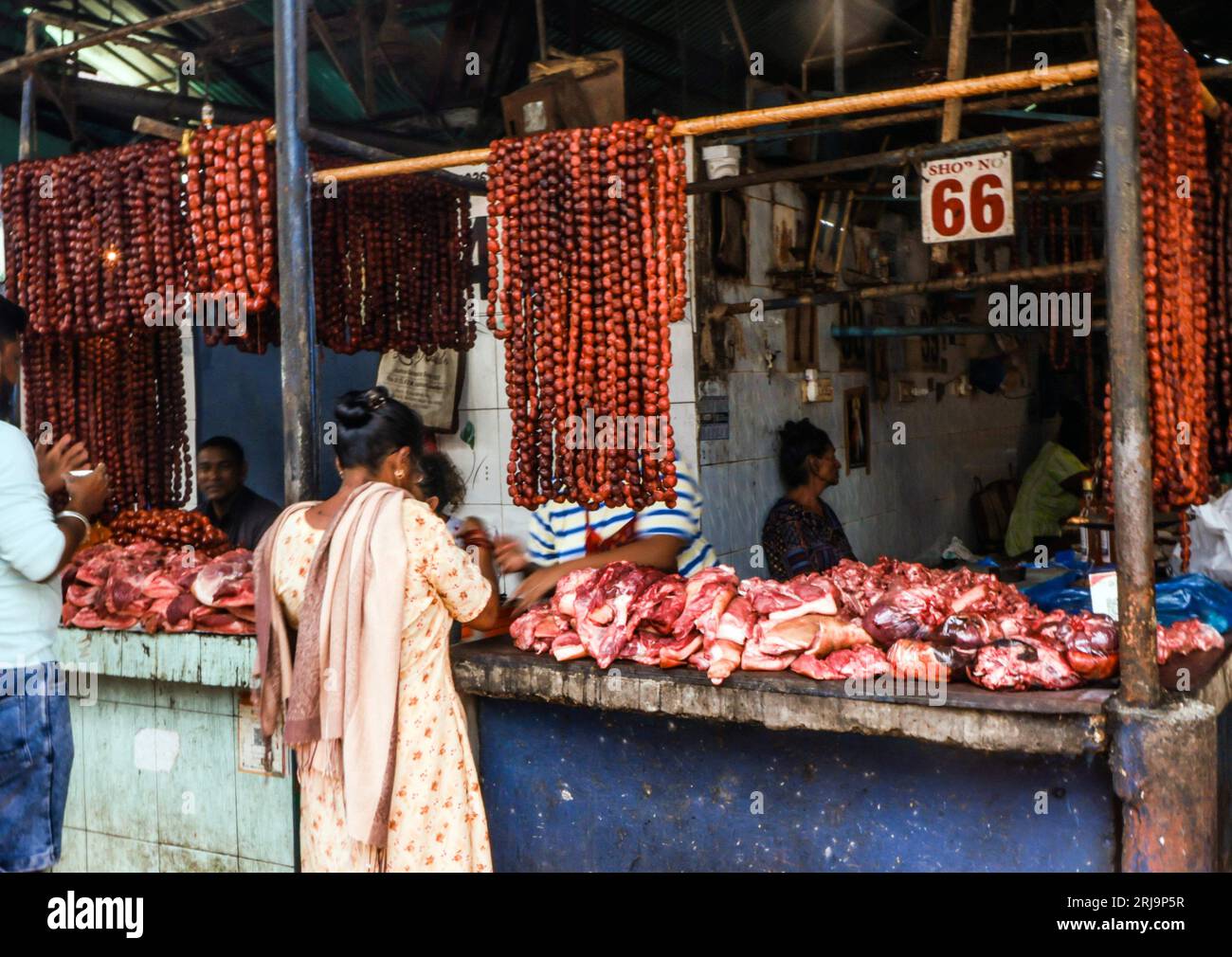 Margao, South Goa, India. 22nd Aug, 2023. Pork sausages and meat for sale in the Narrow passage ways selling anything imaginable in the busy and colourful market at the city of Margao, South India.Paul Quezada-Neiman/Alamy Live News Credit: Paul Quezada-Neiman/Alamy Live News Stock Photo