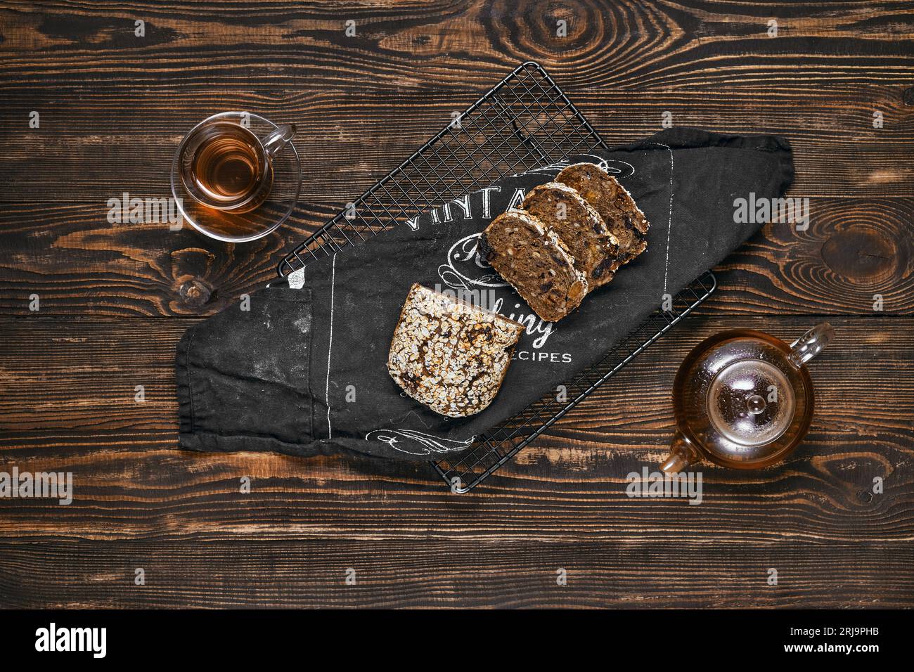 Overhead view of artisan rye bread with dried apricots, prunes and ...