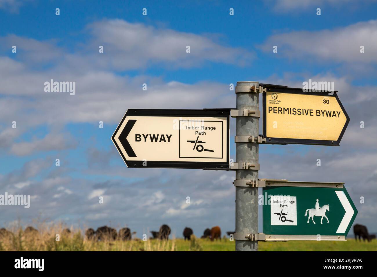 Imber Range Path byway permissive byway sign at New Zealand Farm Camp at Salisbury Plain, Wilshire UK in August Stock Photo