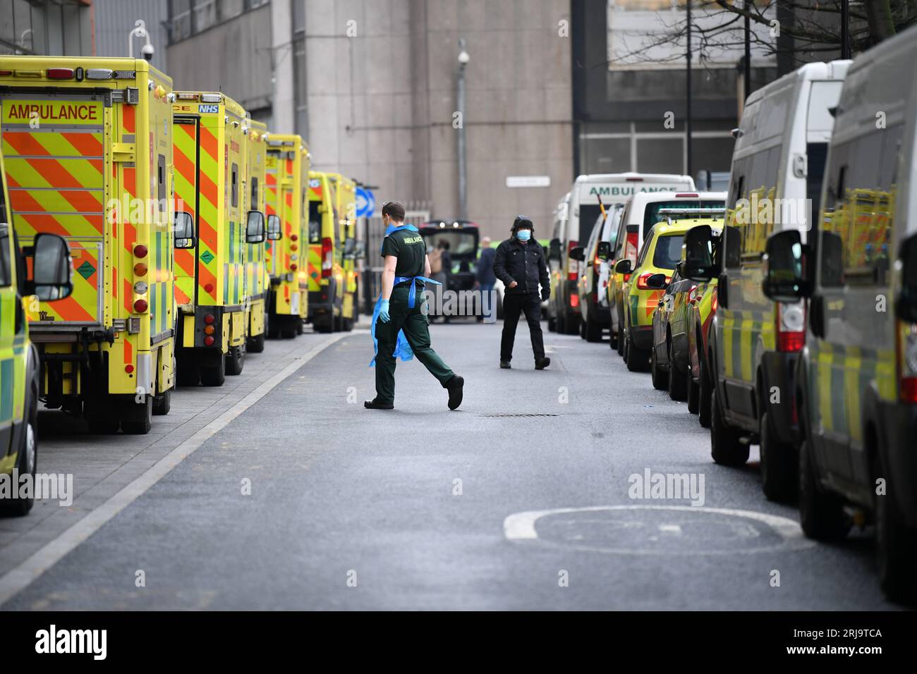File photo dated 12/01/2021 of ambulances at Whitechapel hospital in London. Growing numbers of staff leaving ambulance trusts could lead to a repeat of patients waiting in pain as pressure hits a 'broken' health system this winter, the Liberal Democrats have warned. FIssue date: Tuesday August 22, 2023. Stock Photo