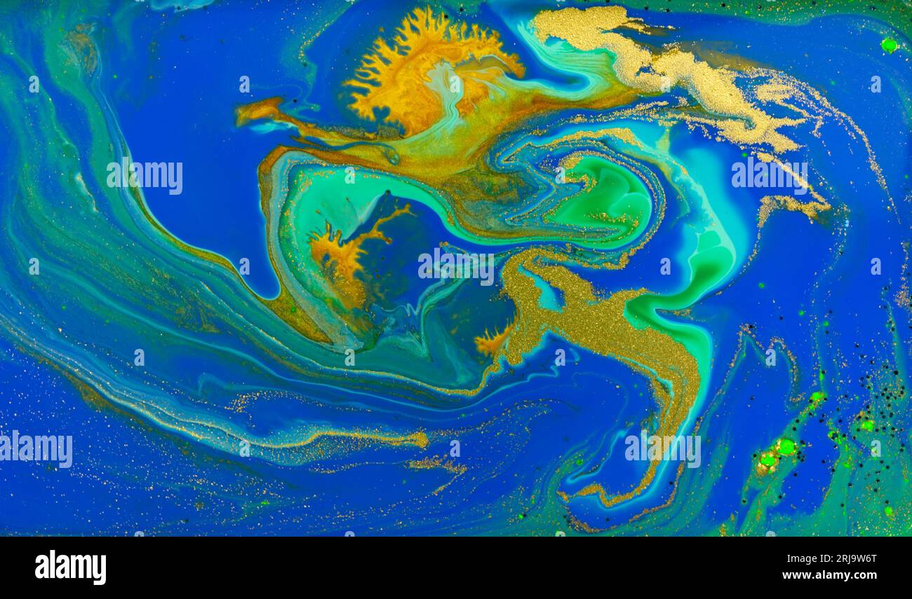 Liquid Flow of Gold and Blue Acrylic Pattern Stock Photo - Alamy