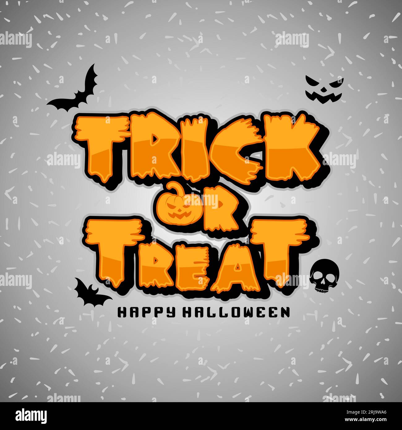 Trick or treat text message vector design, Happy Halloween illustration design with bat, skull , and scary face ornament Stock Vector