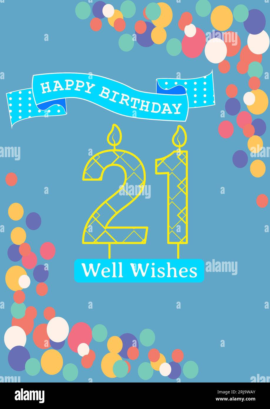 Composition of happy 21st birthday text over spots pattern on blue background Stock Photo