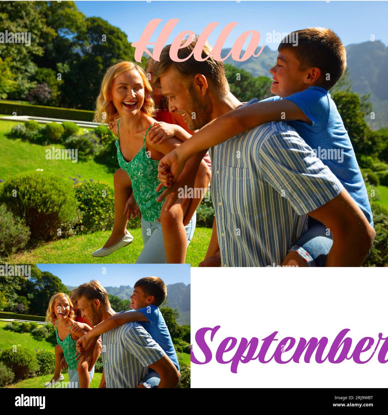 Composite of hello september text over caucasian couple with son and daughter in garden Stock Photo