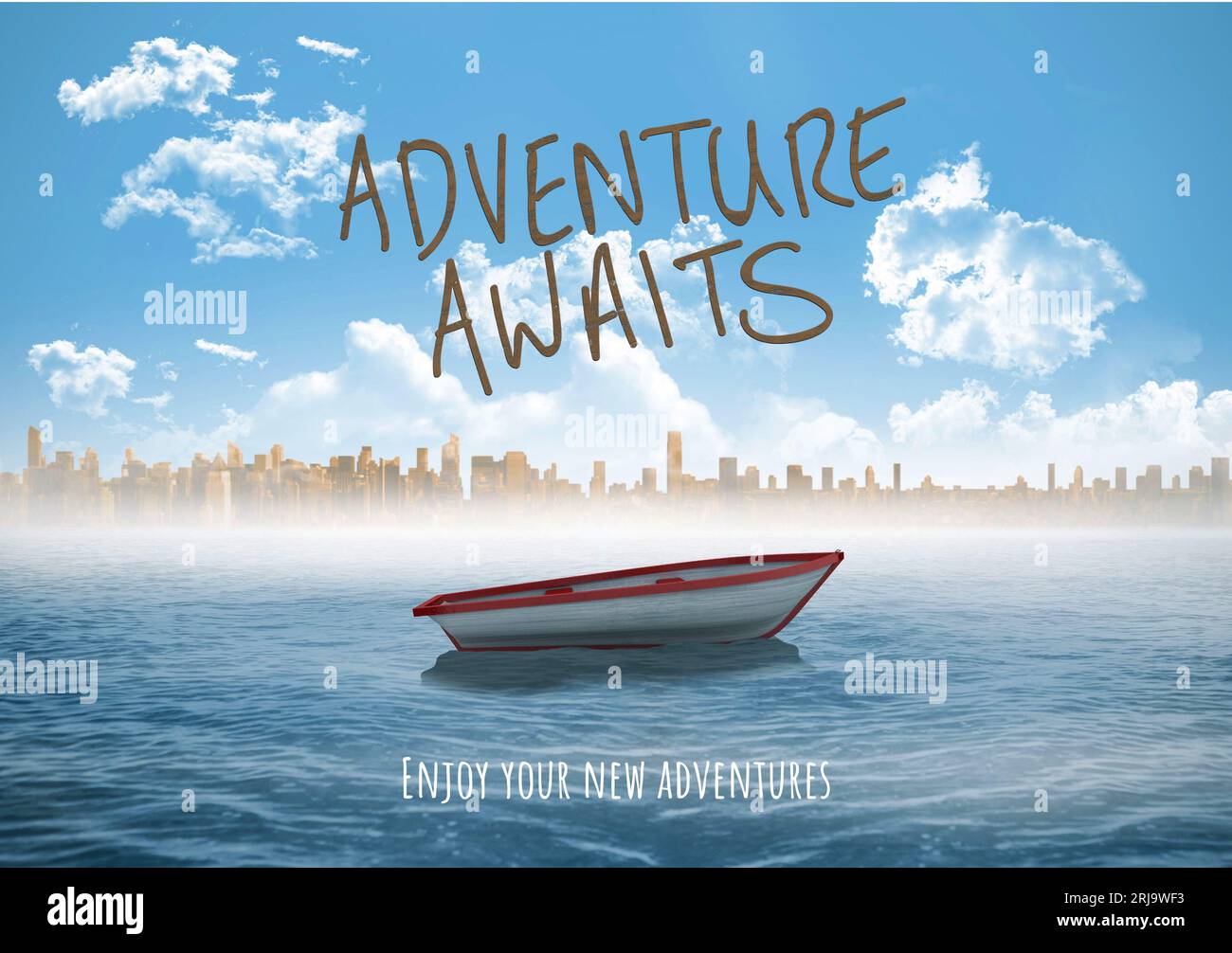 Composite of adventure awaits, enjoy your new adventures text over boat ...