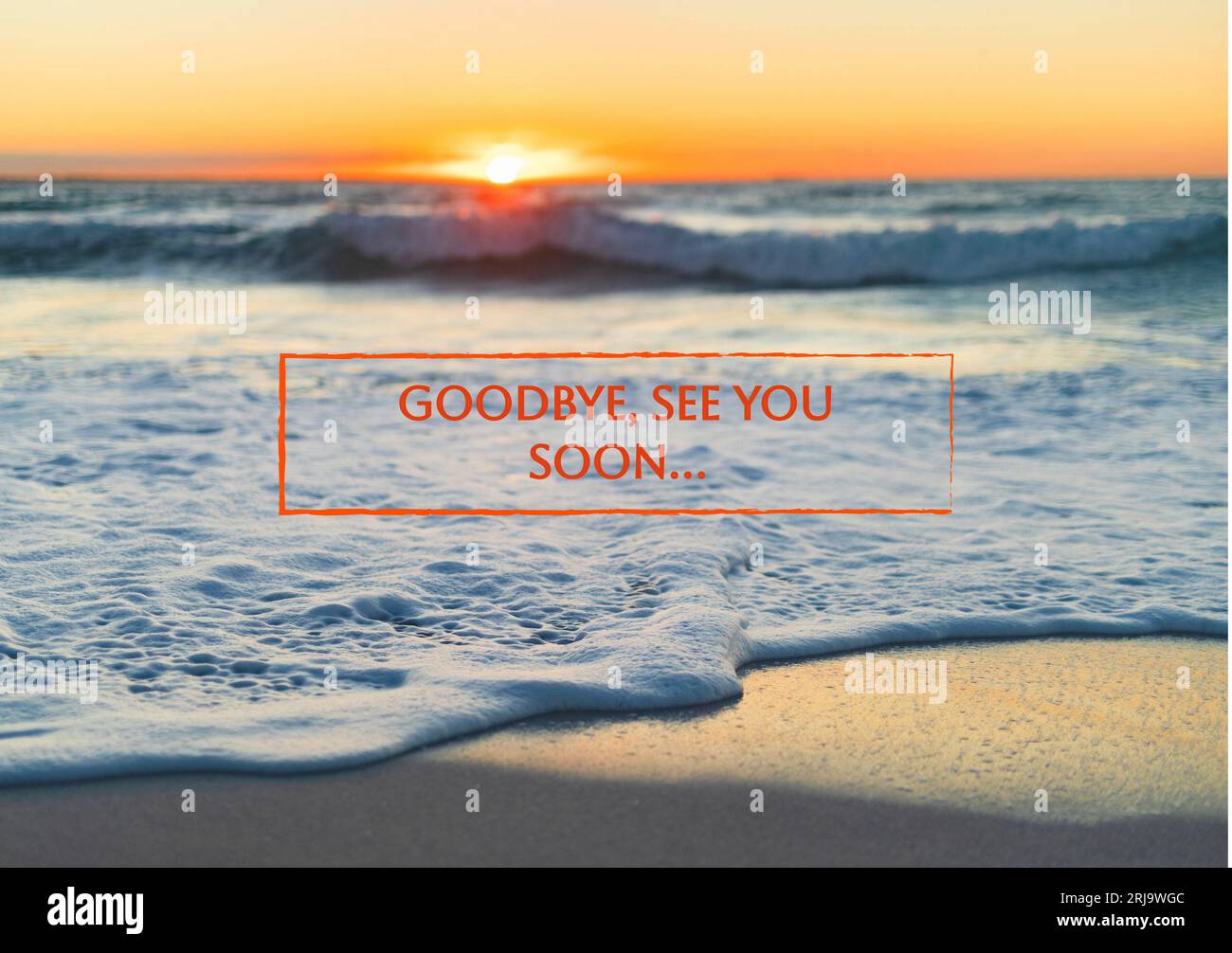 Composite of goodbye, see you soon text over beautiful waves splashing in sea against sky at sunset Stock Photo