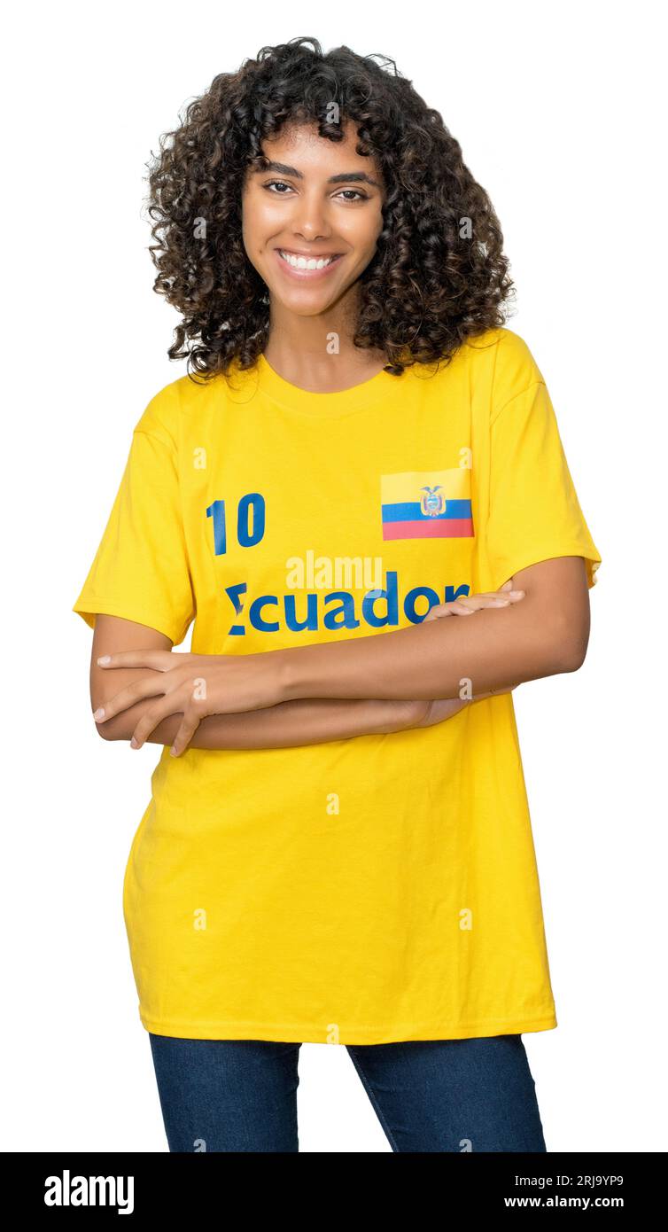 Beautiful female football fan from Ecuador with yellow jersey isolated on white background for cut out Stock Photo