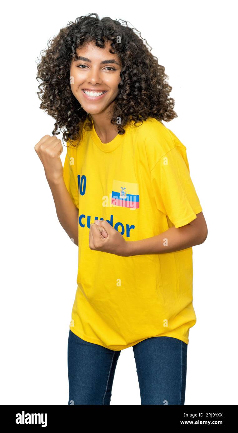 Cheering female football fan from Ecuador with yellow jersey isolated on white background for cut out Stock Photo