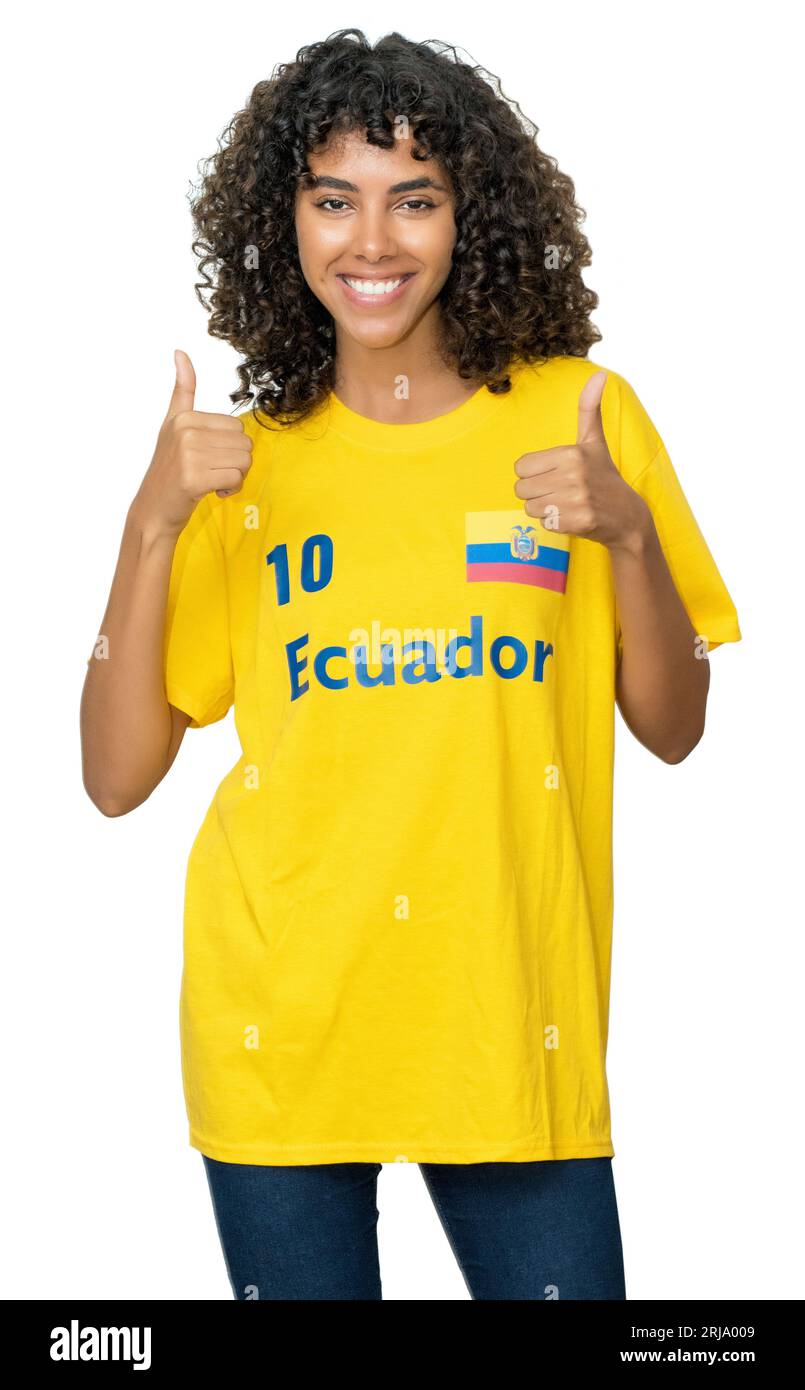 Laughing female football fan from Ecuador with yellow jersey isolated on white background for cut out Stock Photo