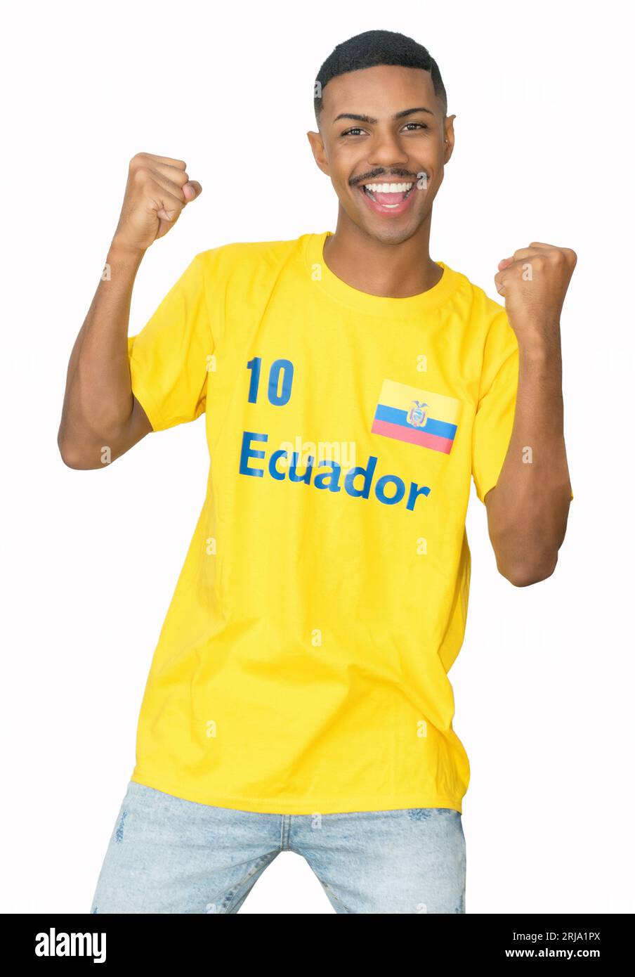 Cheering young man from Ecuador with yellow football jersey isolated on white background for cut out Stock Photo