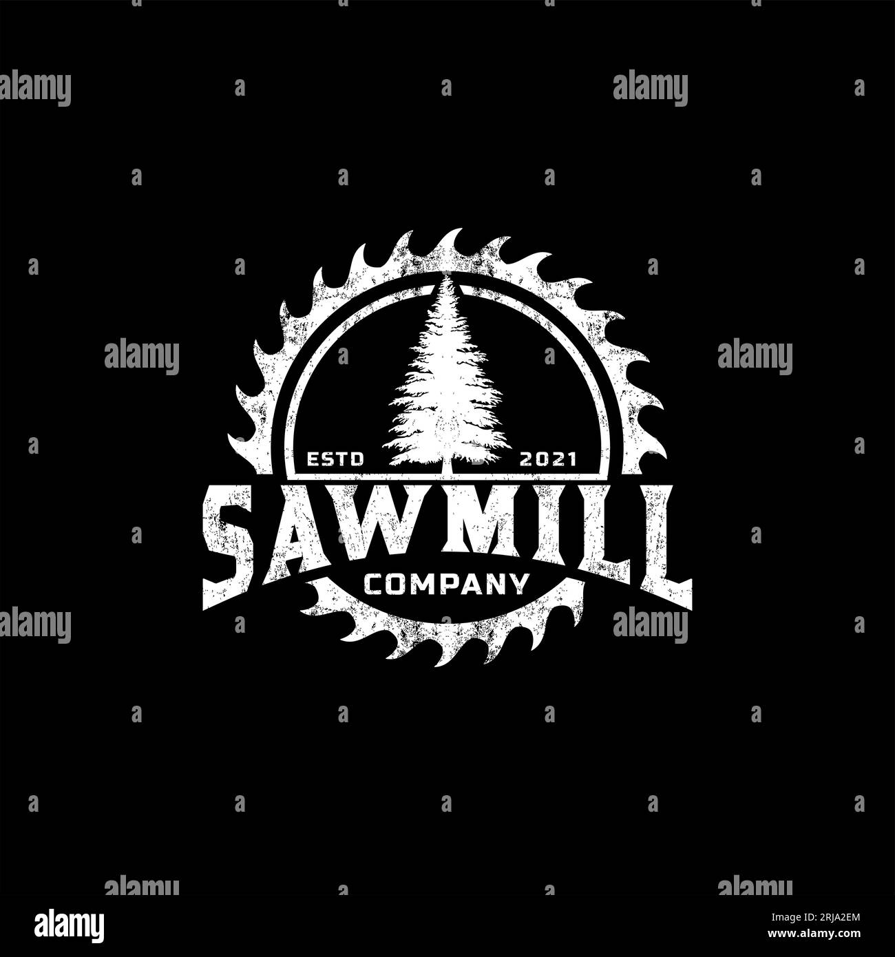Sawmill Carpenter Woodwork Logo With Circle Saw Blade And Fir Tree vector design Stock Vector