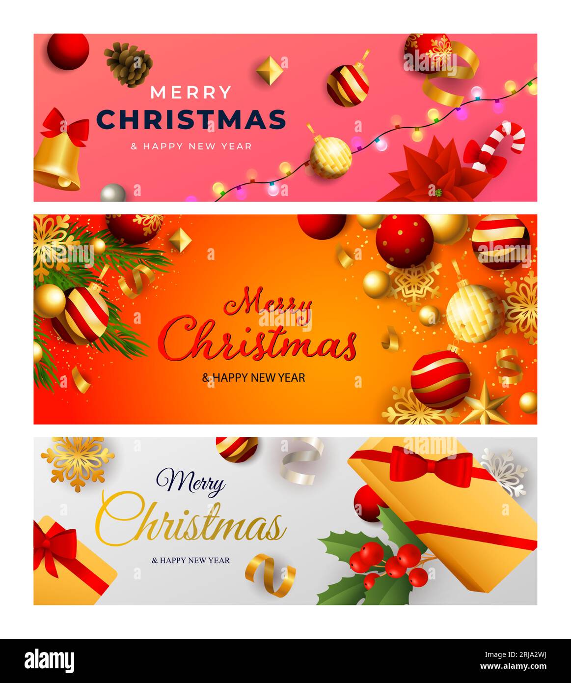 Merry Christmas banner set gold and red baubles Stock Vector Image ...