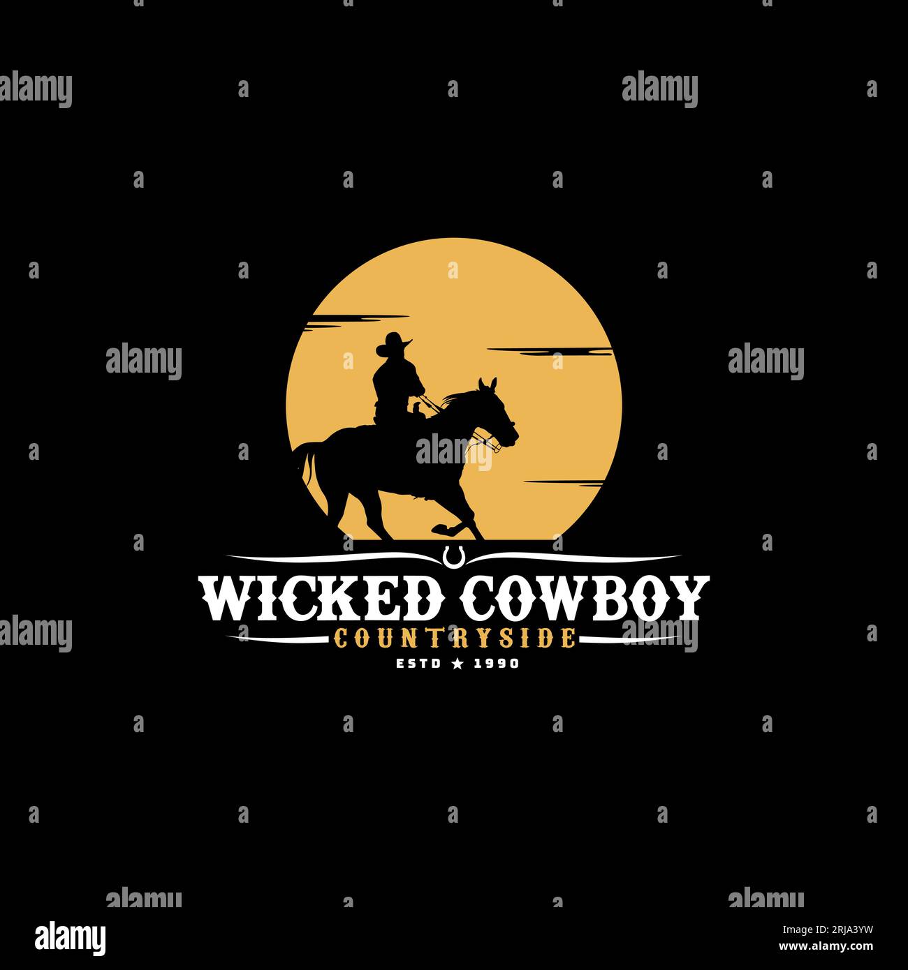 Cowboy Riding Horse Silhouette At Sunset Sun Moon Logo Design cowboy-riding-horse-silhouette-at-sunset-sun-moon-logo-design