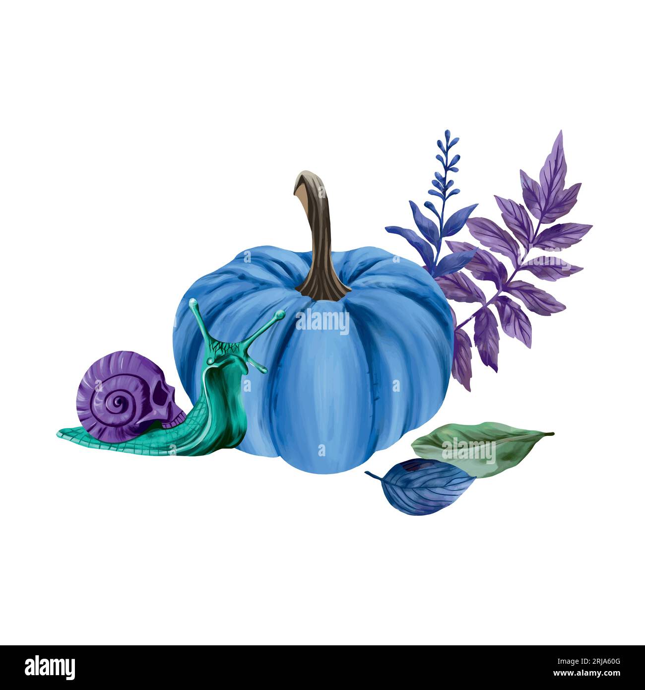 Pumpkin, snail and leaves. Vector illustration for esoteric and halloween. Design element for greeting cards, holiday banners, flyers, covers. Stock Vector