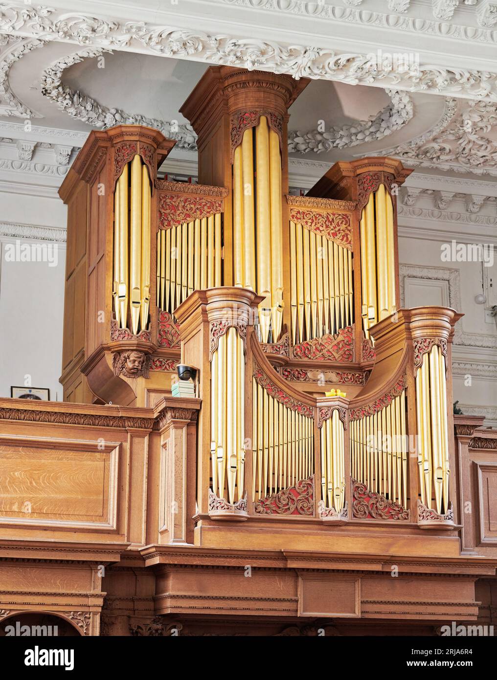 Organ pipes in the chapel at Emmanuel College, University of Cambridge, England. Stock Photo