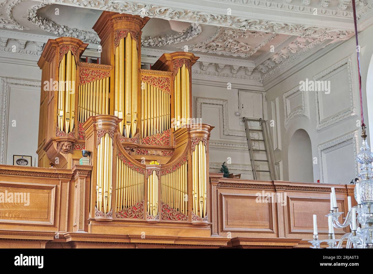Organ pipes in the chapel at Emmanuel College, University of Cambridge, England. Stock Photo