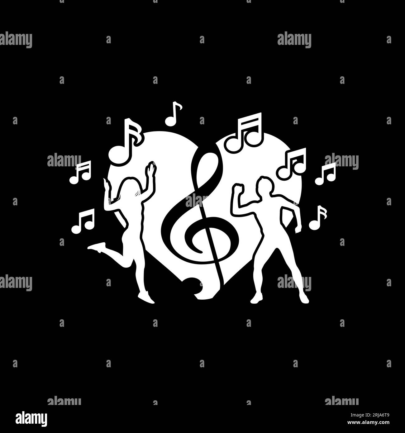 Love Heart With Dancing People Silhouettes And Tone Melody For Dance Studio Or Dance Club Logo Stock Vector