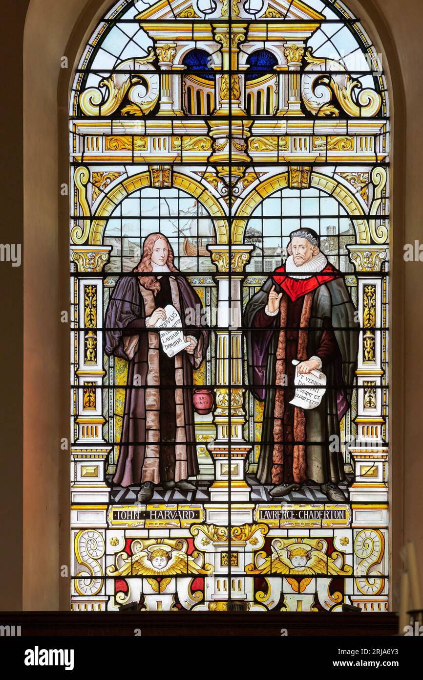 Stained glass window of John Harvard and Lawrence Chaderton in the chapel at Emmanuel College, University of Cambridge, England. Stock Photo