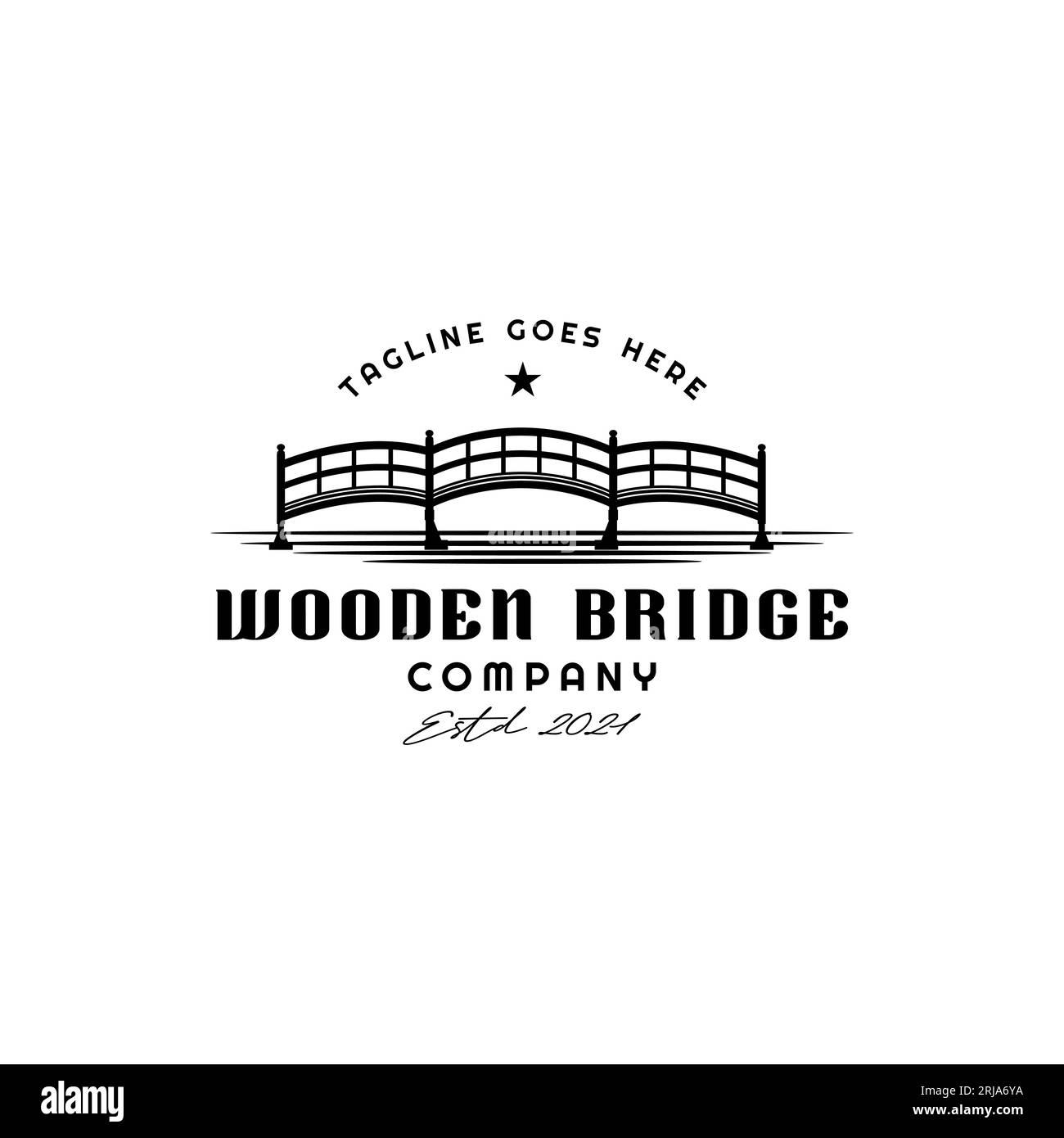 Wooden Bridge and River Landscape silhouette view logo design Stock Vector