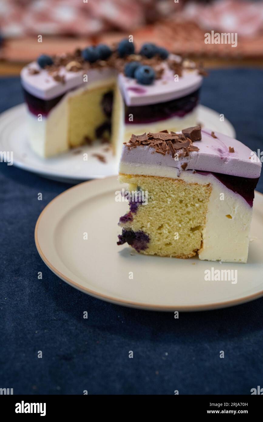 Delicious blueberry cake with chocolate chip on the top. Stock Photo