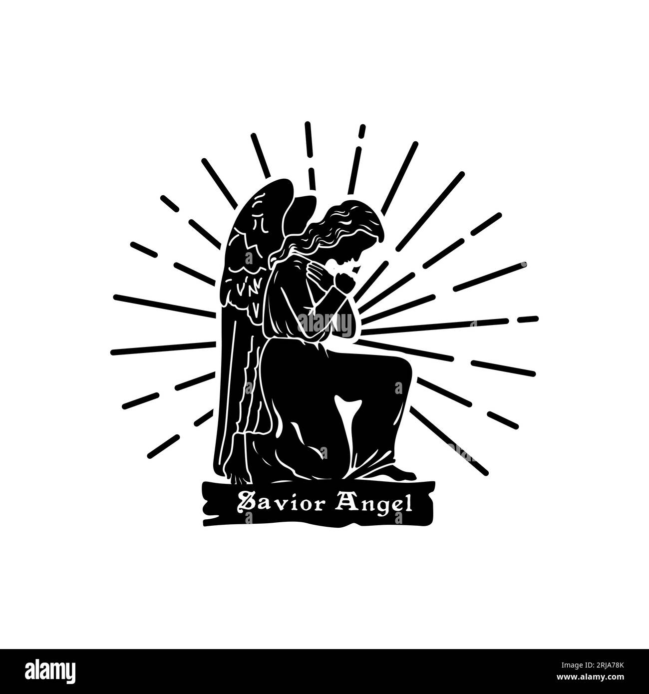 Illustration of a winged angel kneeling on a light background Stock