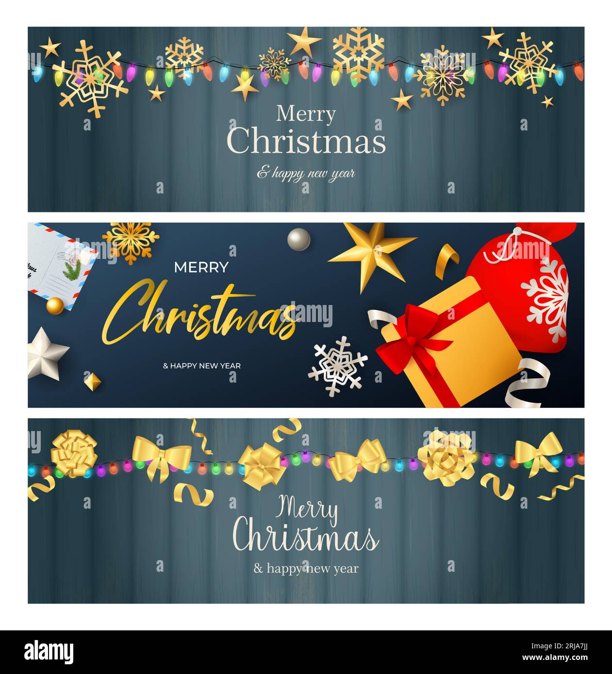 Merry Christmas banner set with fairy lights and gold bows Stock Vector ...