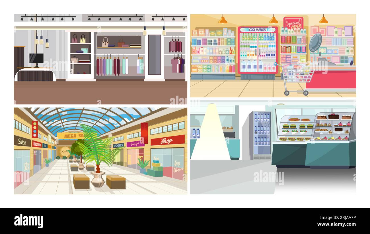 Shops and cafes flat vector illustration set Stock Vector