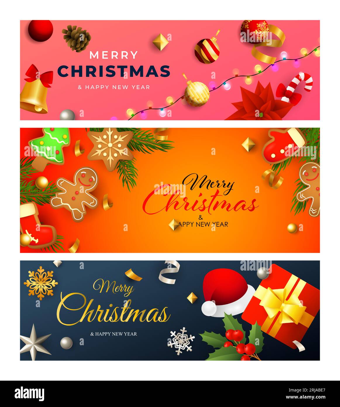 Merry Christmas banner set with red and gold baubles Stock Vector Image ...
