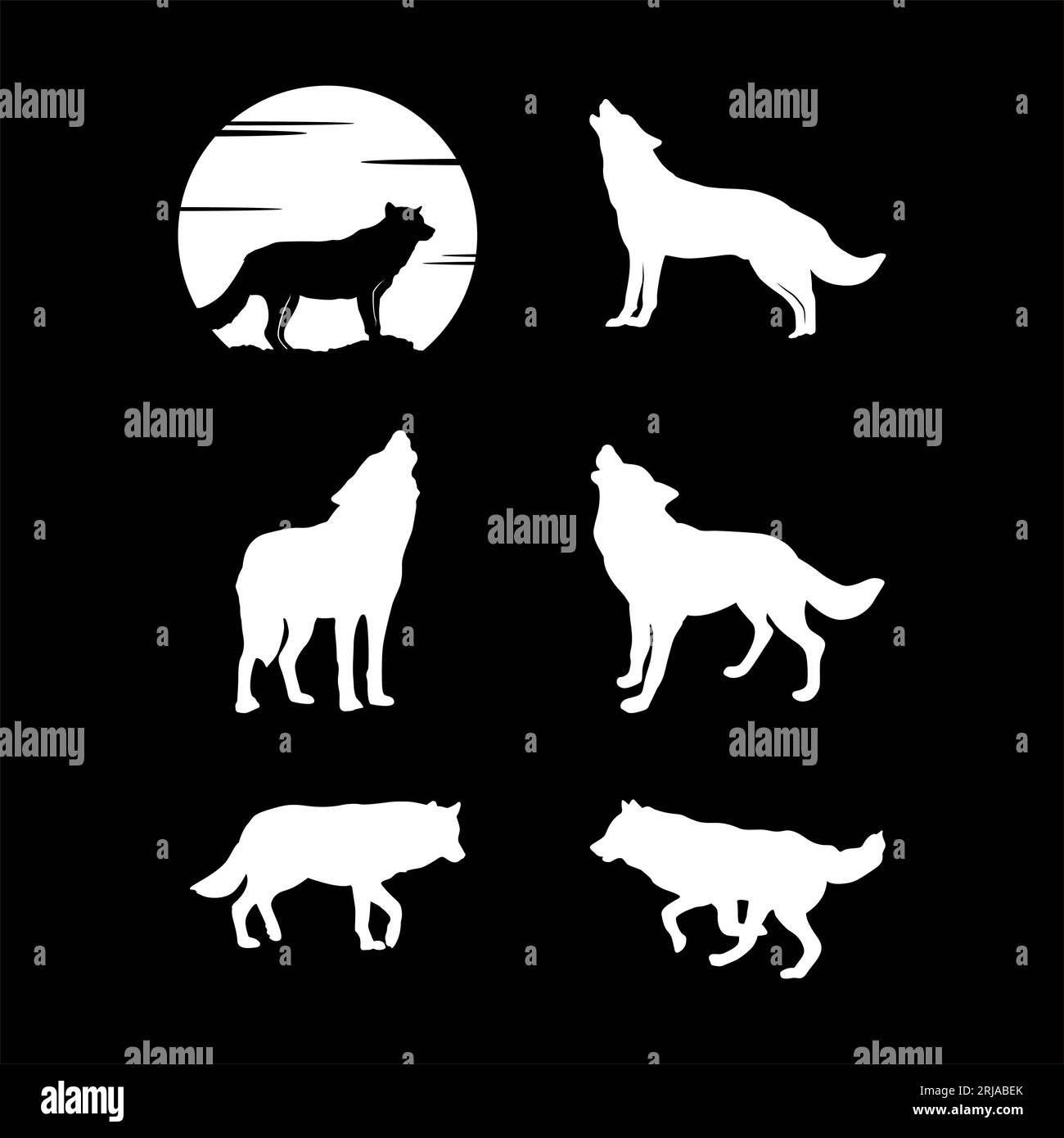 Wolf Silhouette Set, Wolves Howl At Full Moon Stock Vector