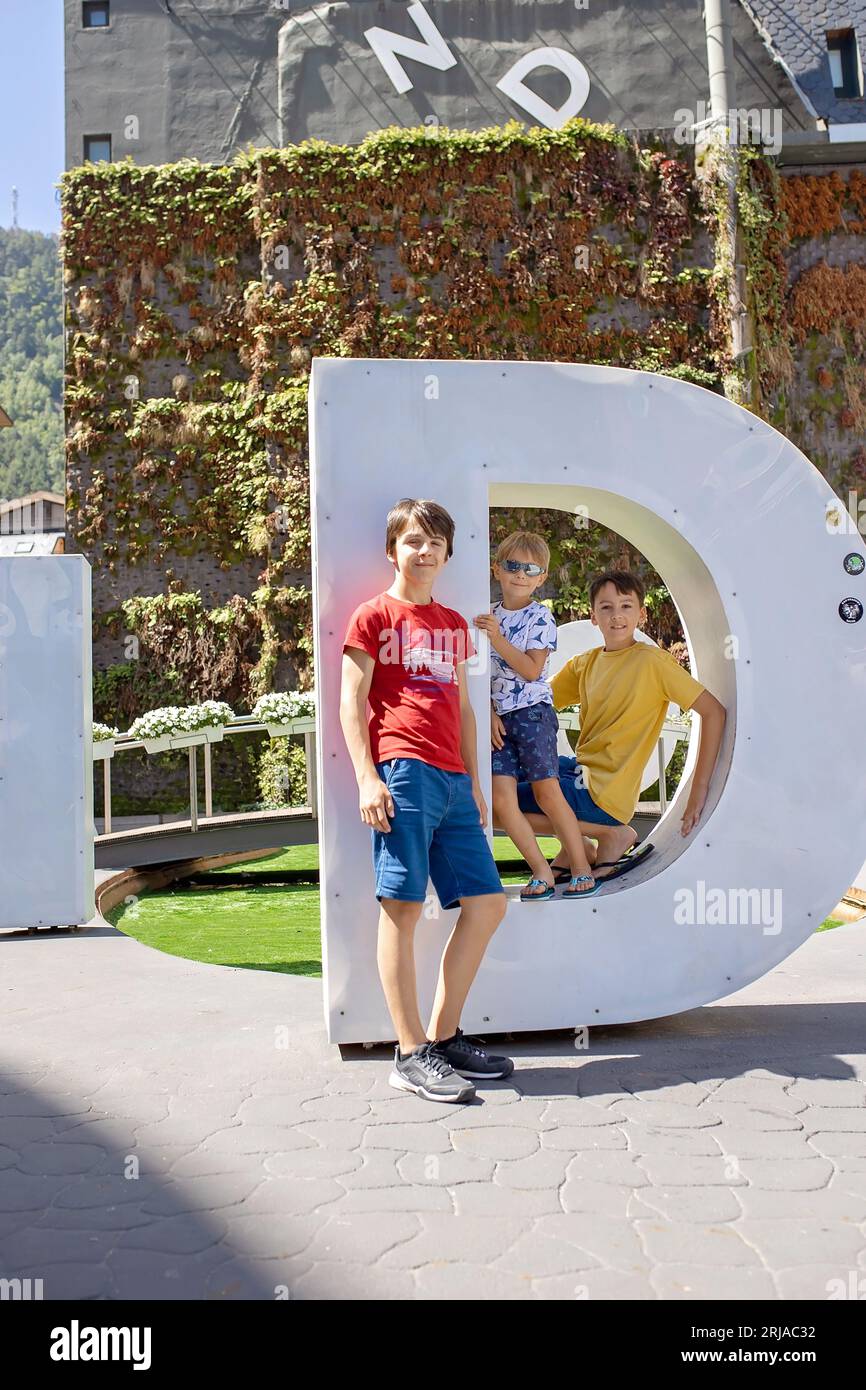 Family, visiting Andorra la Vella summertime, day trip in the city Stock Photo