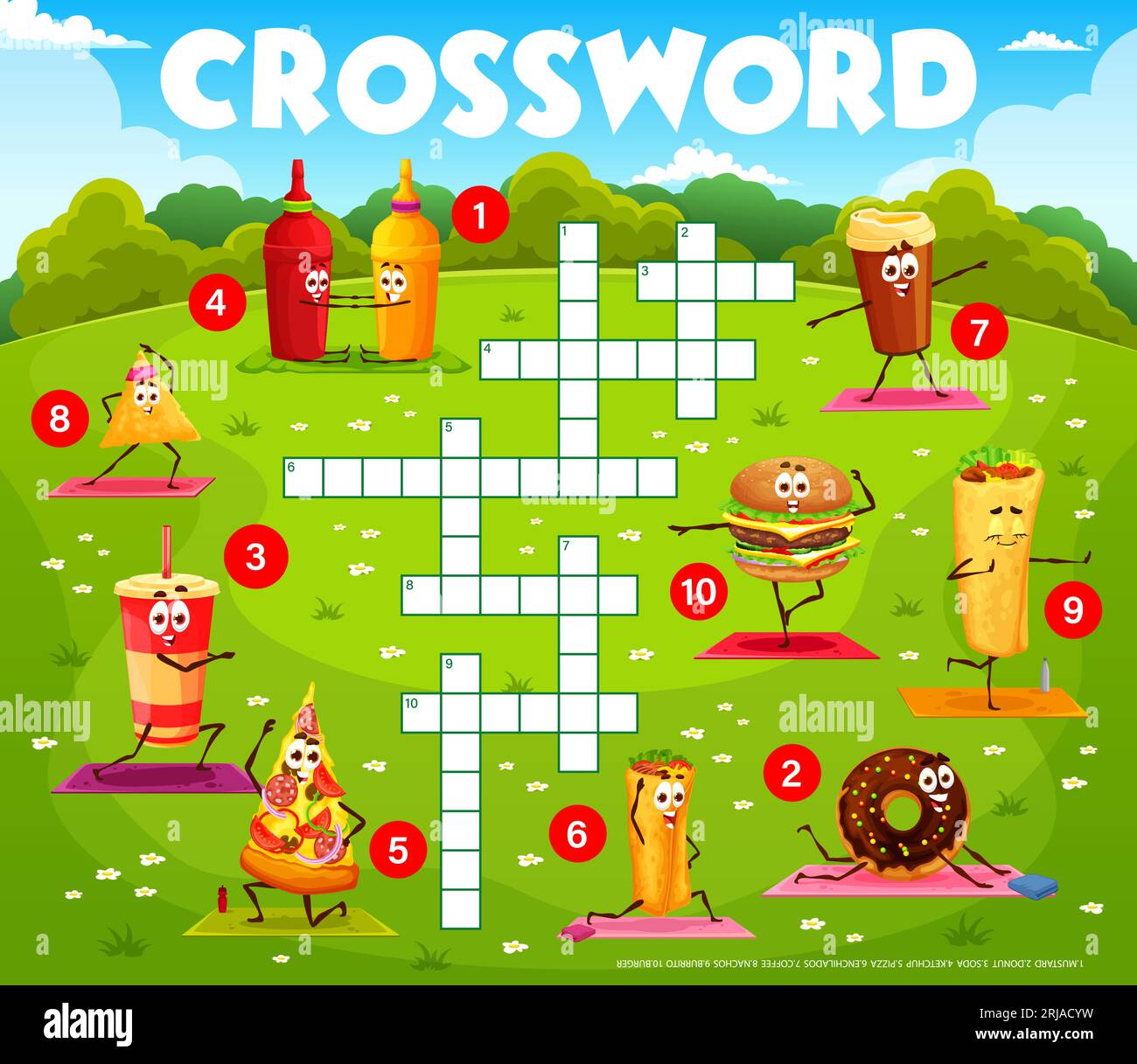Crossword quiz game, cartoon fast food characters on yoga fitness