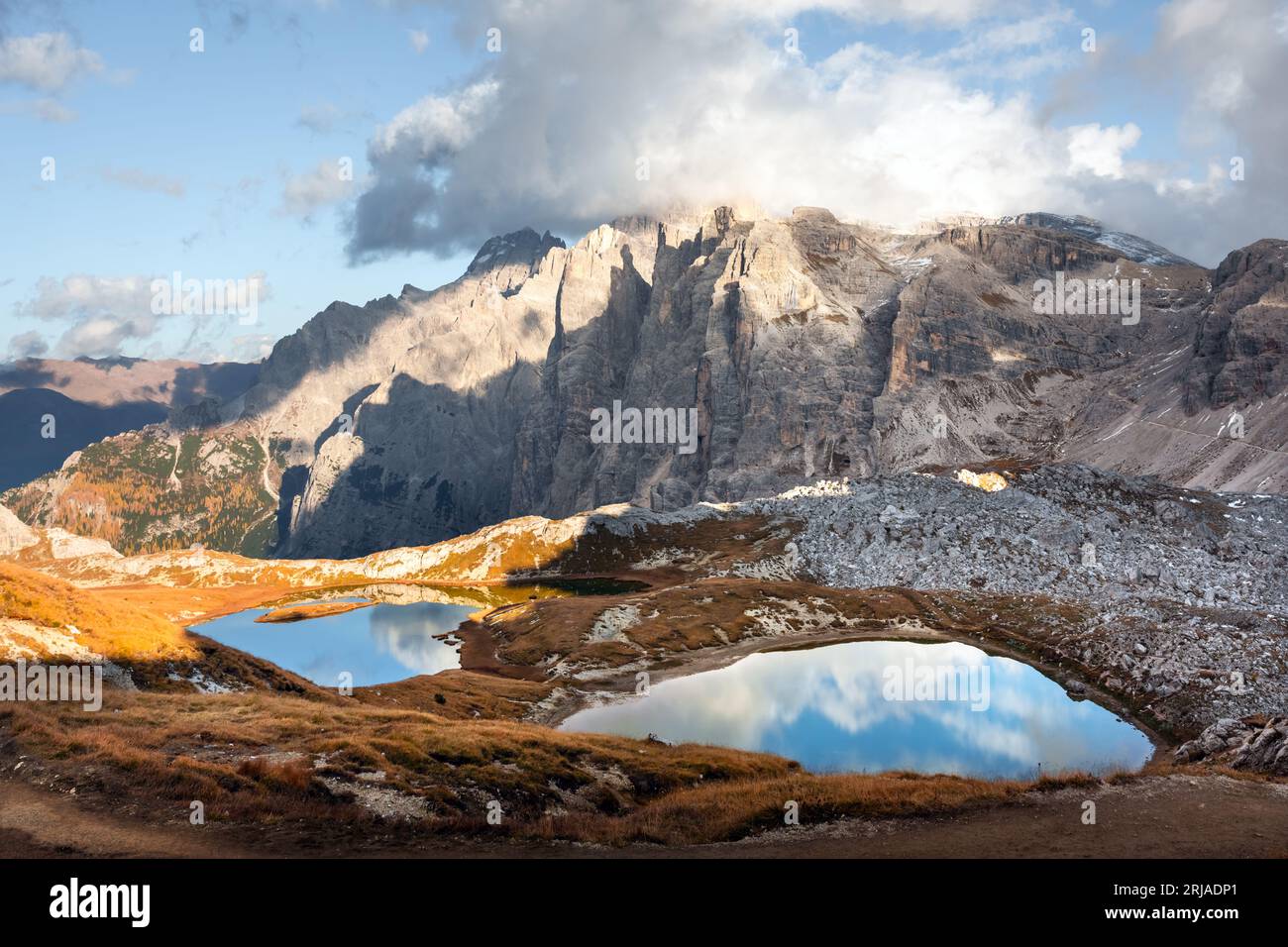 Clear turquoise water of alpine lakes Piani in the Tre Cime Di Laveredo National Park, Dolomites, Italy Stock Photo