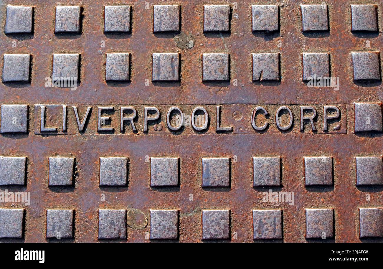 Liverpool Corporation waterworks embossed cast iron grid, city centre, Liverpool, Merseyside, England, UK, L1 4DS Stock Photo