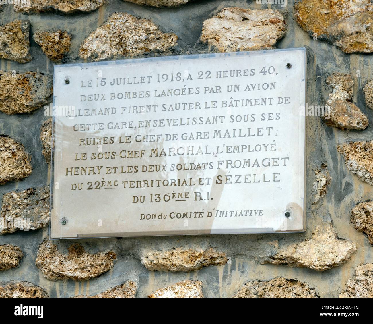 Commemorative Plaque at Gare  La Ferte-Sous-Jouarre, Seine-et-Marne, Ile-de-France, France, EU Stock Photo