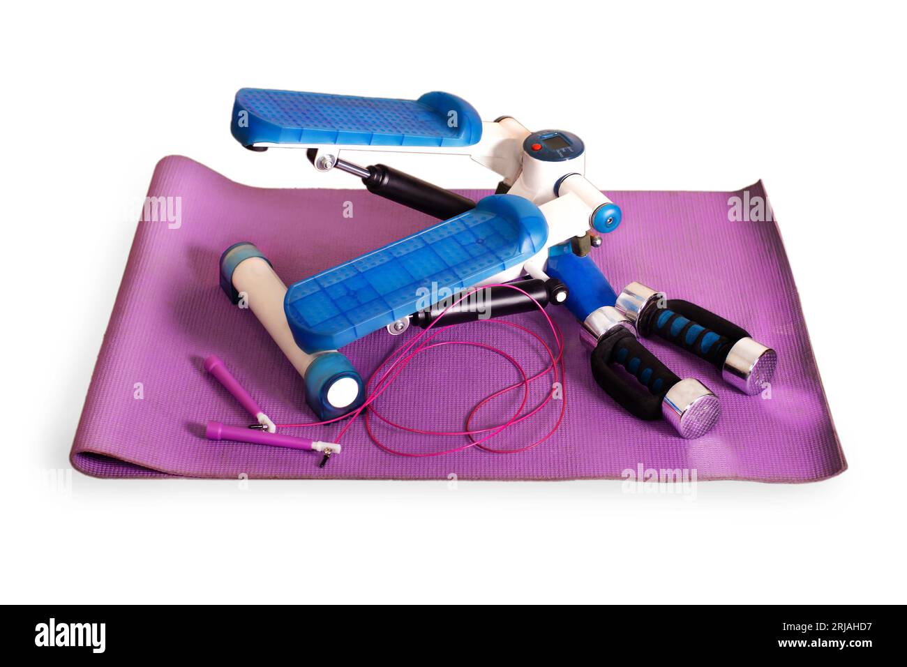 Home fitness. Stepper, dumbbells, jump rope, yoga mat. white background