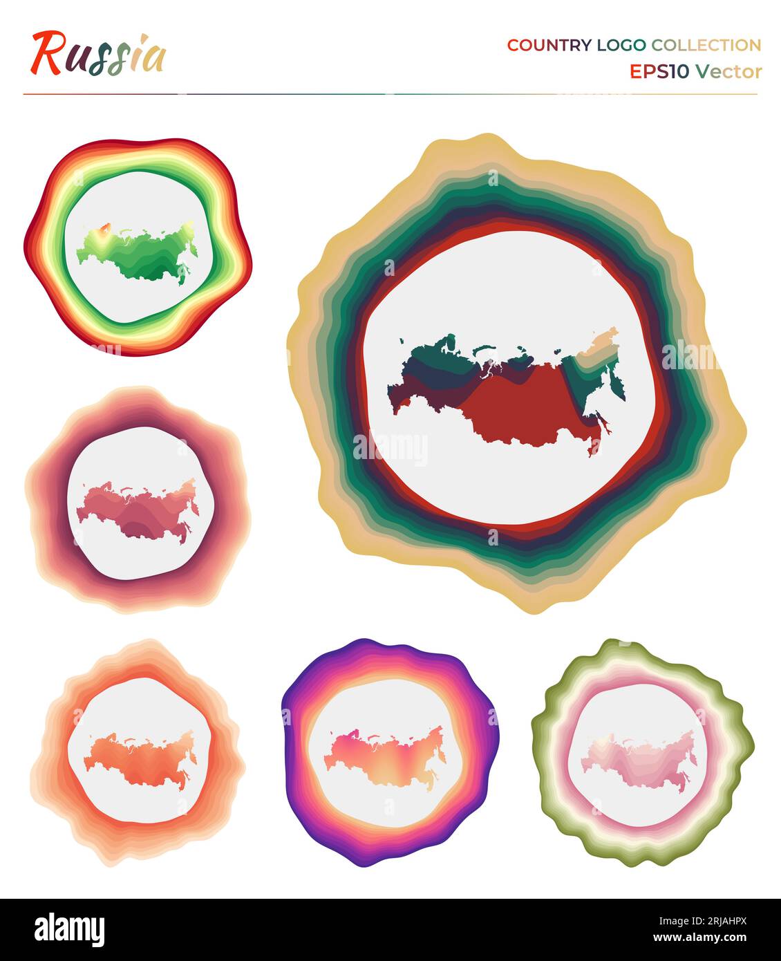Russia logo collection. Colorful badge of the country. Layers around Russia border shape. Vector illustration. Stock Vector