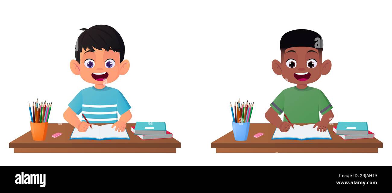 Cartoon Boy Studying on Desk with Open book, Caucasian and Black Kid Studying Together Stock Vector