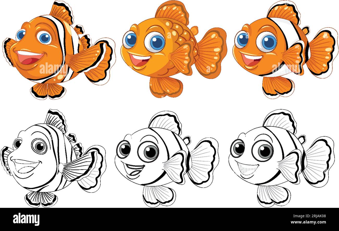 A set of adorable clownfish and goldfish cartoon characters with outlines and silhouettes Stock Vector