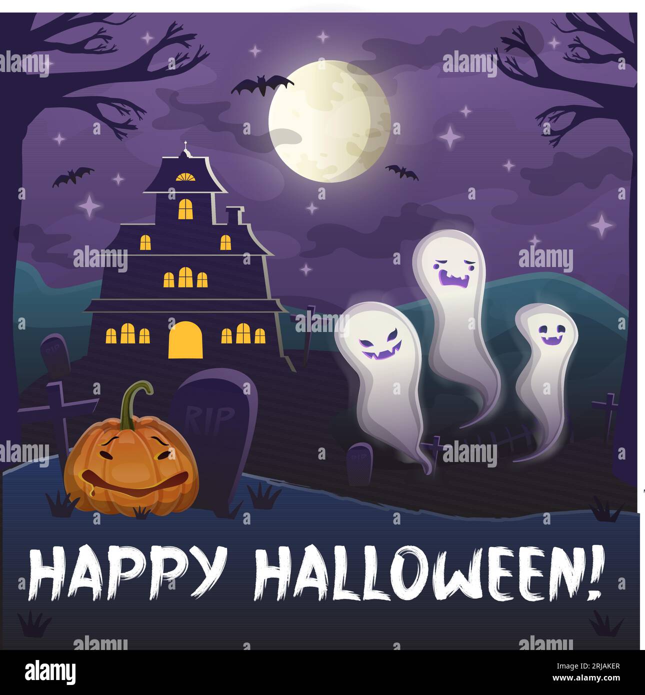 Halloween purple background with night moon, with castle, ghosts and pumpkin, graves. Stock Vector