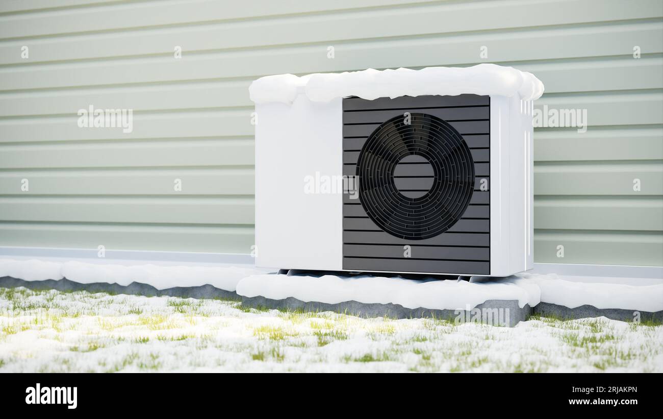 Photorealistic 3d render of a fictitious air source heat pump mounted