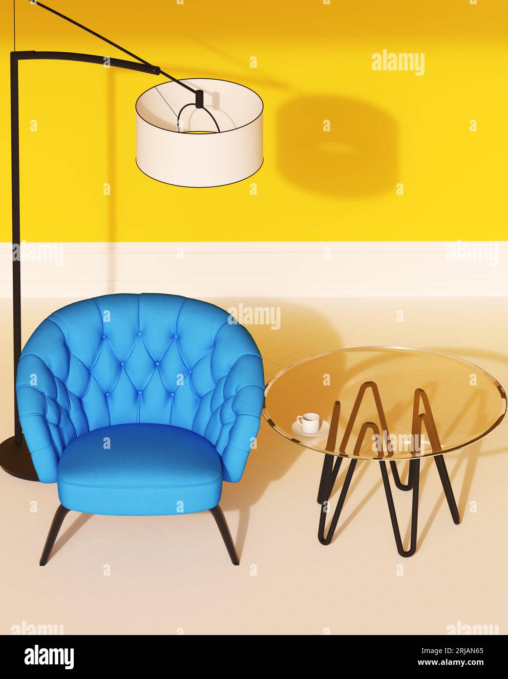 Comfy armchair blue and yellow decor glass table over hang lamp retro living 1950s vintage sunlight 3d illustration render digital rendering Stock Photo
