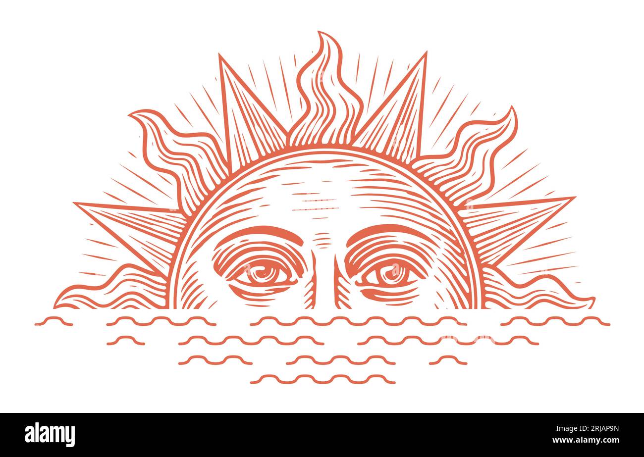 Sunrise illustration engraving style. Vintage sketch vector with rising sun and sea waves Stock Vector
