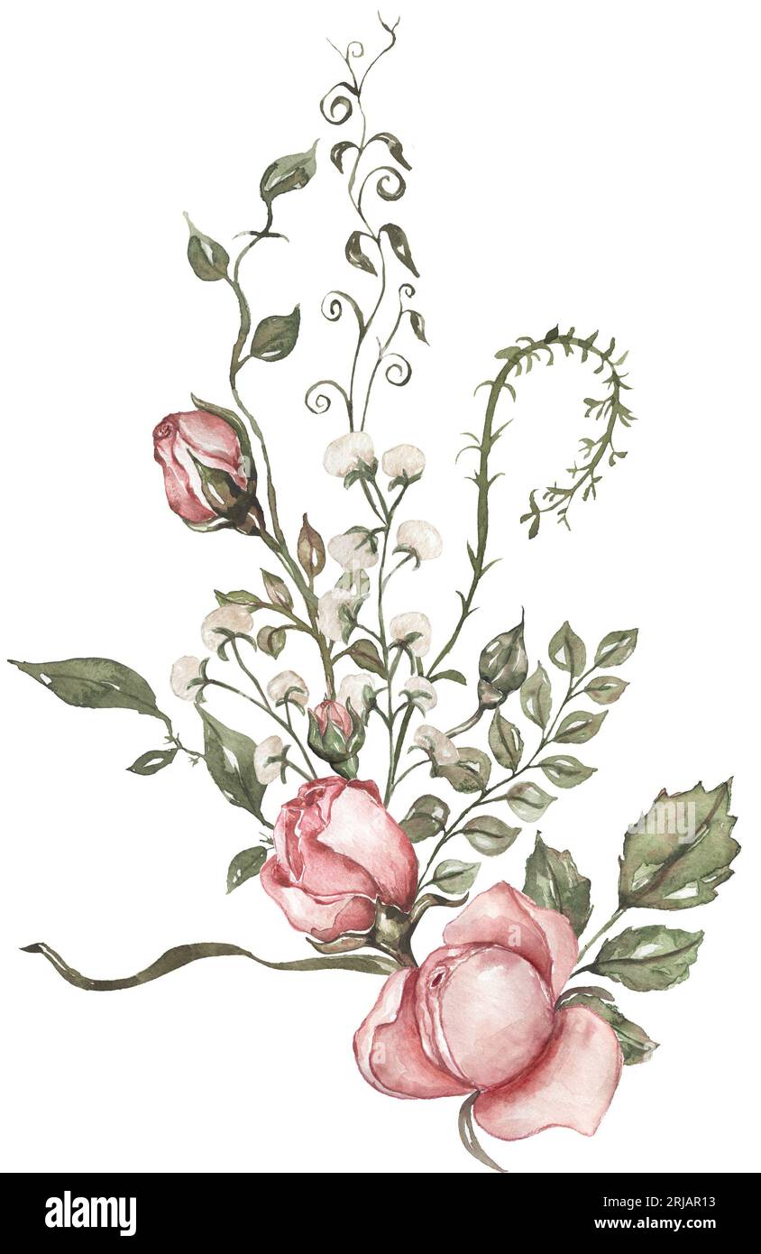 Watercolor pink flowers bouquet, floral illustration, Leaf and buds ...