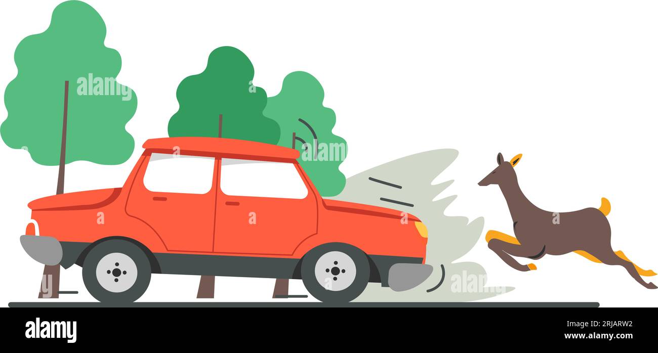 Vehicle hitting running deer from forest, car accident and damage to nature and wilderness