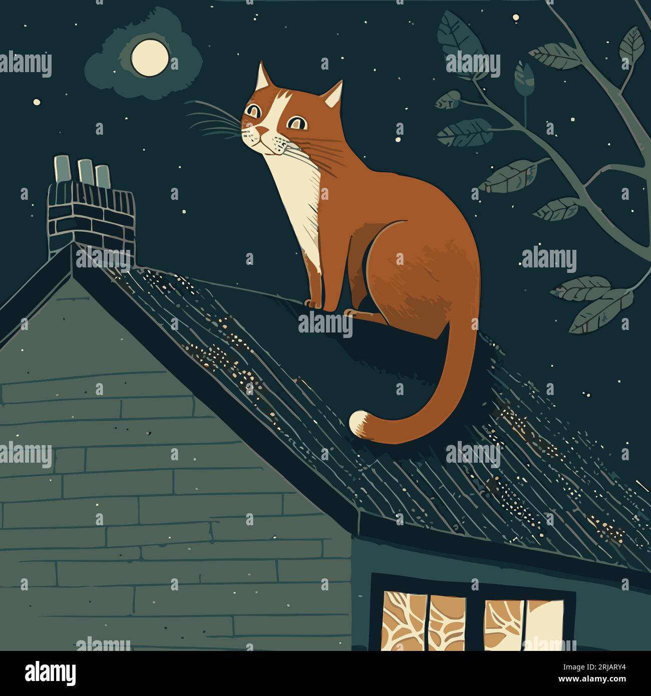 A Cute Storybook Style Ginger Cat Sitting on the Roof of a House under a Full Moon. Vector Art. Orange Tabby Kitty on the Roof of a Quaint Cottage. Stock Vector