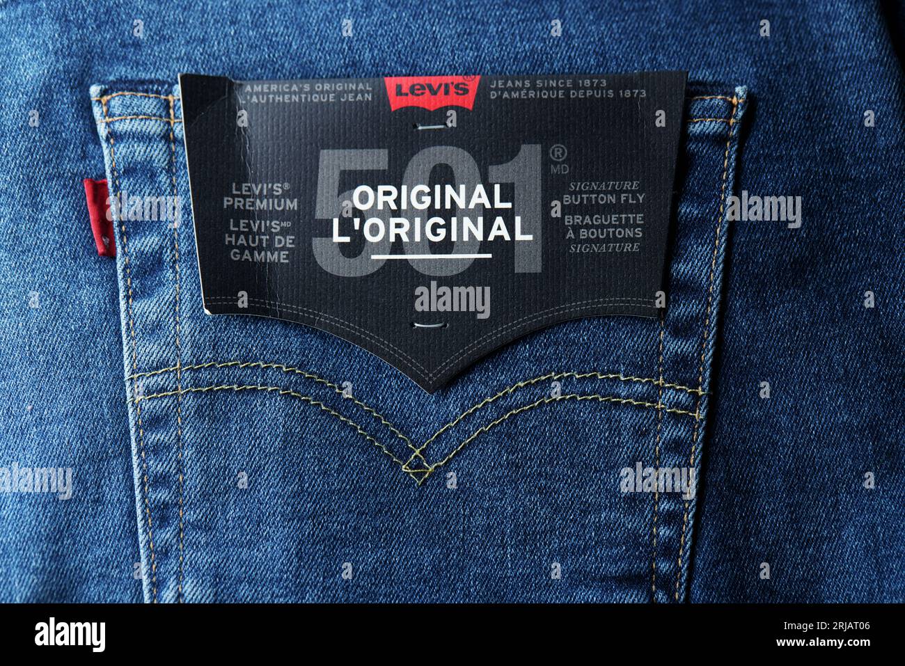 Levi's logo and badges on Levi Strauss 501 jeans. New dark blue LEVI'S ...