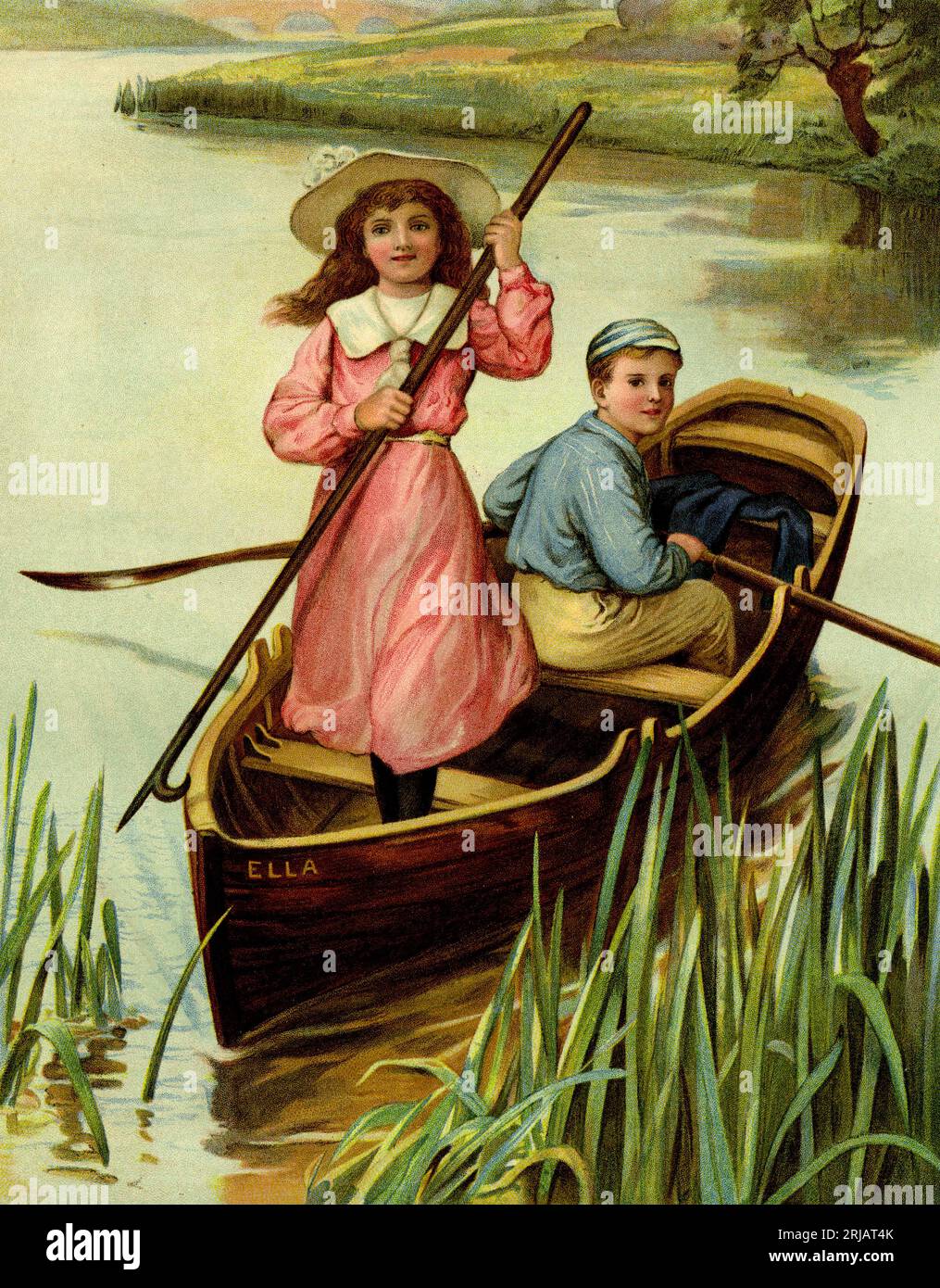 Charming chromolithograph of a boy and a girl exploring a stream in a rowboat, circa 1910 Stock Photo
