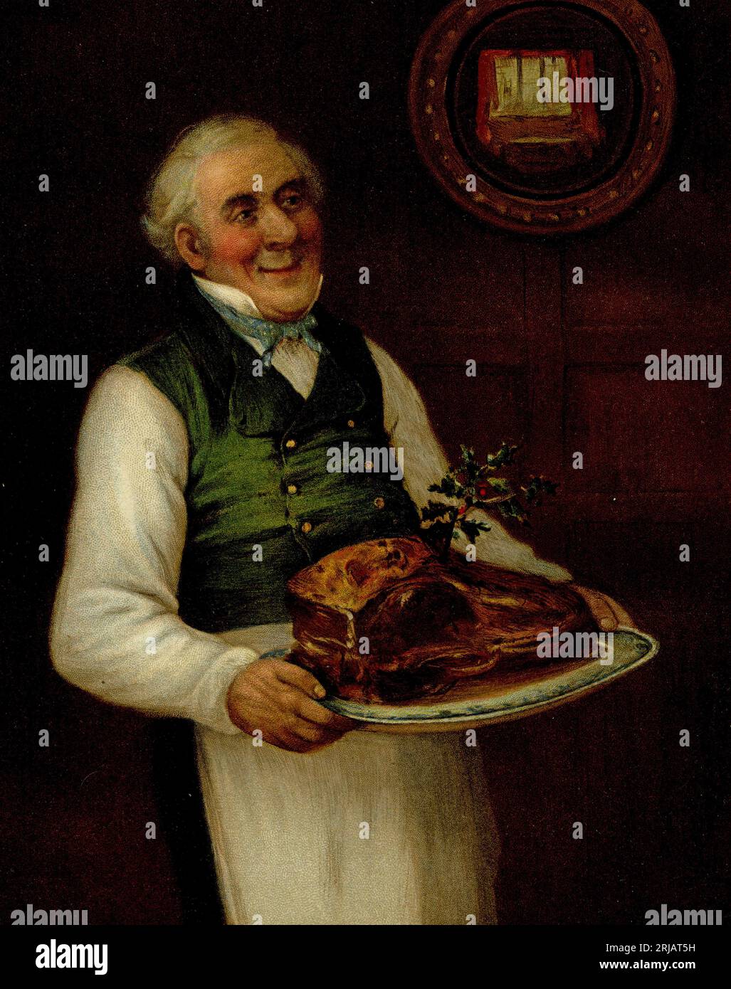 Charming chromolithograph of a chef carrying a plate of the roast beef
