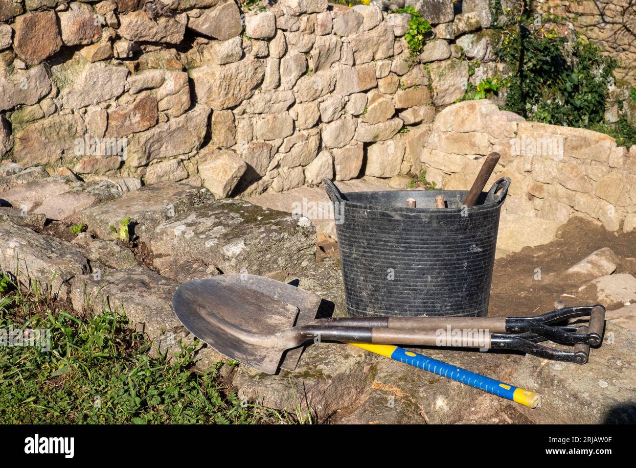 tools in an archaeological excavation Stock Photo